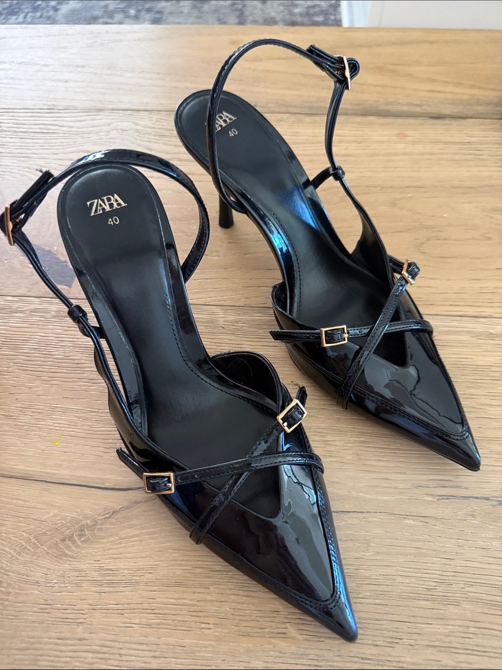 Zara Black Patent Pointed Slingback Heels with Gold Buckles
